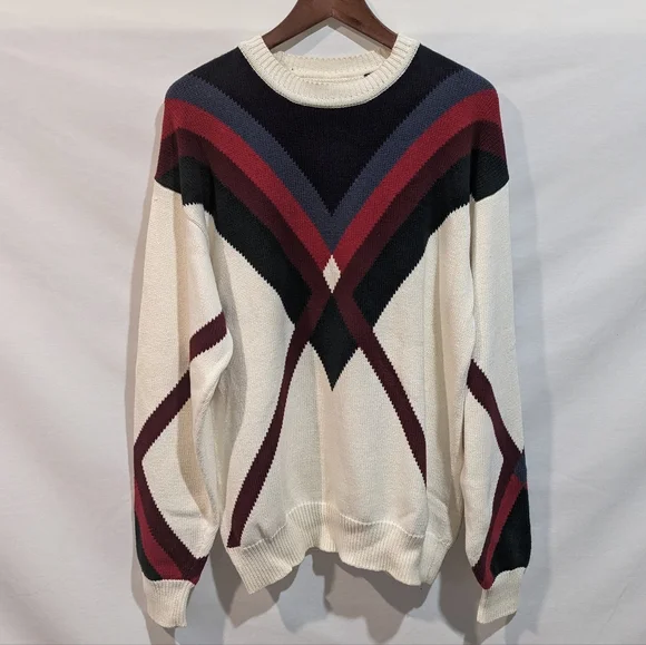 Vintage Bachrach 100% Cotton Geometric Print Knit Sweater Sz Large - Picture 2 of 10